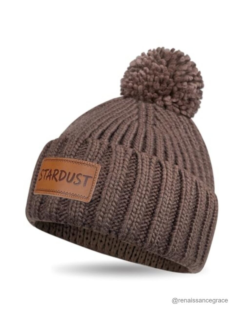 Warm Chunky Knit Cuffed Beanie Hat with Pom Pom & Leather Patch
